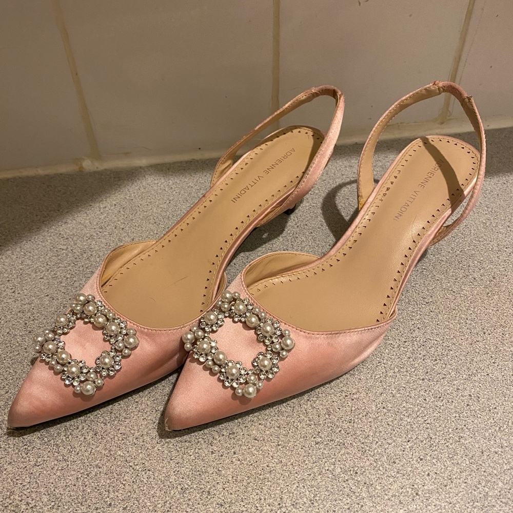 Adrienne Vittadini pink satin slingback kitten heels with pearl encrusted buckle